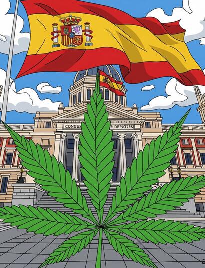 Congreso de los Diputados en Madrid con hoja de cannabis, debate legalización marihuana España