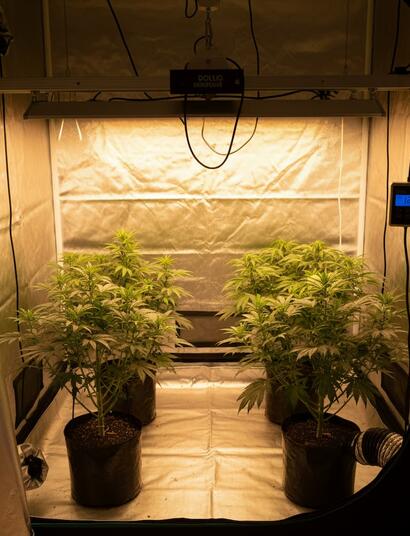Plantas de marihuana cultivadas en interior bajo lámpara de sodio móvil y sistema profesional de control de luz y CO2