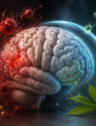 Ilustración de cerebro co hoja de planta de marihuana y moléculas