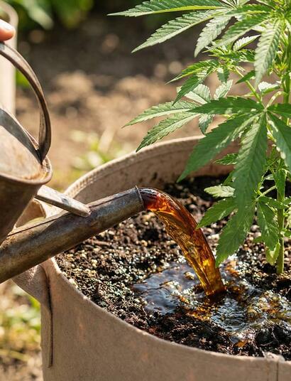 fertilizante orgánico de color ámbar para plantas de cannabis