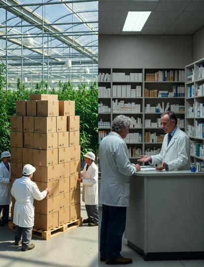 Comparativa visual: Invernadero de cannabis medicinal en España exportando producción vs paciente en farmacia sin acceso a la medicación debido al Real Decreto 903/2025.