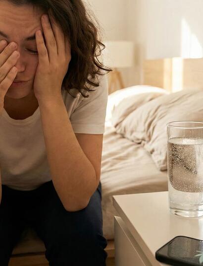 Una persona joven sentada en el borde de la cama por la mañana con las manos en la cara, mostrando signos de niebla mental y cansancio, junto a un vaso de agua y suplementos de magnesio para un protocolo de recuperación tras el consumo de cannabis.