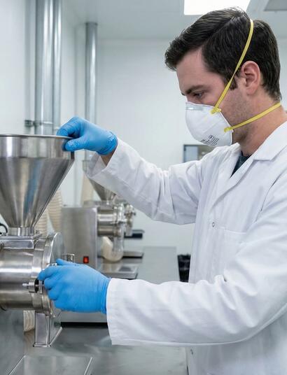 Personal de una instalación de cannabis utilizando equipo de protección (mascarilla N95, guantes de nitrilo y bata) mientras opera una trituradora industrial y realiza tareas de limpieza, siguiendo los protocolos de seguridad del informe NIOSH 2016-0090-3317.