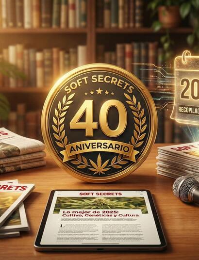 Ilustración de escritorio con la insignia dorada del 40 aniversario de Soft Secrets, rodeada de pilas de periódicos, revistas y una tablet mostrando el artículo de la recopilación anual de lo mejor del cannabis en 2025