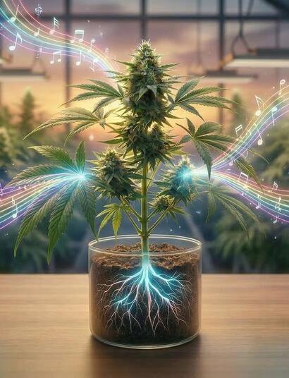Una planta de cannabis de floración en un frasco de vidrio en un invernadero de cultivo emite una corriente vibrante de energía neón de colores del arco iris y una compleja serie de notas musicales y símbolos de partituras de arco iris de sus hojas y raíces. La corriente de energía y música están entrelazadas, ilustrando la creación directa de música a partir de las bioseñales de la planta. Las raíces visibles dentro del frasco brillan intensamente en azul puro. El fondo muestra otras plantas de cannabis