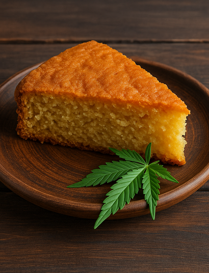 Part de space cake dorée et moelleuse sur assiette en bois