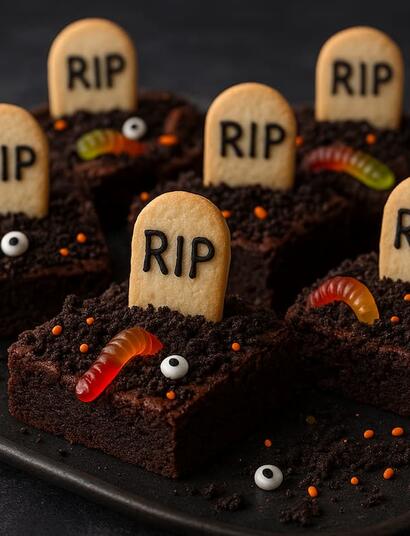 Bake a spooky Halloween cannabis brownie with fudgy chocolate, Oreo “grave dirt,” and gummy worms — perfectly dosed pot edible for a chilling festive treat.