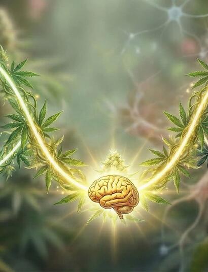 nfografía artística en forma de "U" creada con lianas y hojas de cannabis, con un cerebro humano iluminado en la base de la curva, representando la relación científica entre la dosis de cannabinoides y el efecto antidepresivo.