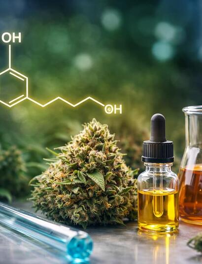 Horizontal laboratory-style image featuring a cannabis bud, glass dropper bottle filled with golden cannabis oil, an amber beaker, and a glowing THCP molecular structure in the background, illustrating the cannabinoid tetrahydrocannabiphorol and its enhanced receptor-binding properties.