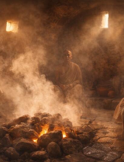A scene depicting an ancient steam bath chamber carved from stone, filled with soft glowing steam rising from heated rocks. A few figures in historically inspired ancient attire sit calmly inside the misty space, suggesting ritual or communal bathing. 
