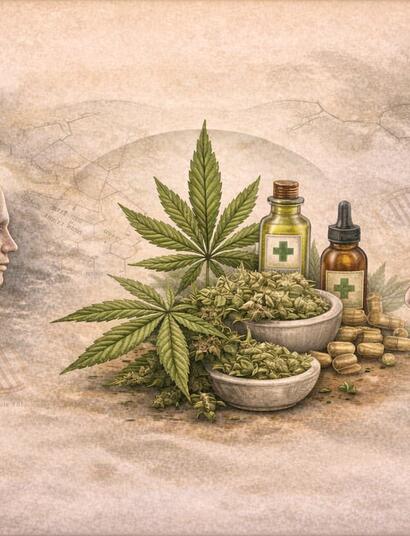 Horizontal cover illustration depicting a central cannabis plant surrounded by medical cannabis products such as amber dropper bottles, capsules, and dried buds, with a glowing human brain on one side and a person holding their lower back in pain on the other, set against a parchment-style background with subtle scientific molecular diagrams and DNA strands. 