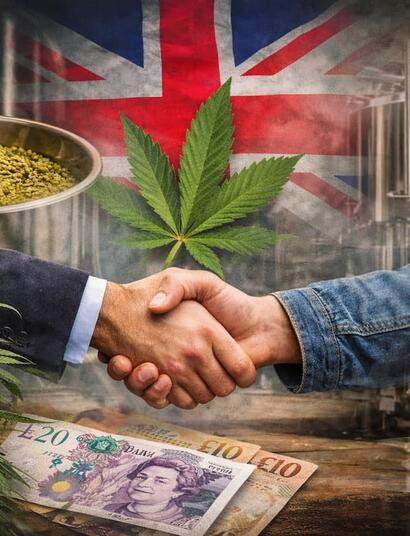 Composite image showing a business handshake set inside a modern brewery with stainless steel tanks. Cannabis leaves and hop pellets appear on one side, while bottles of craft beer line the other, with British pound banknotes in the foreground and a faded Union Jack flag in the background—symbolizing Tilray’s £33 million acquisition of BrewDog’s UK and Irish assets.