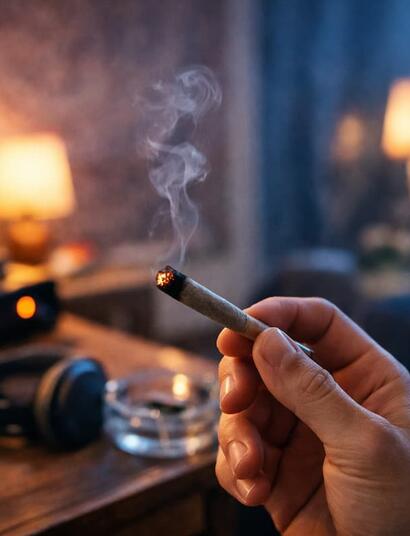 A first-time cannabis user holds a lit joint indoors, surrounded by a cozy evening setting with soft lamps, snacks, headphones, and a vinyl record player, with smoke curling gently in the air.