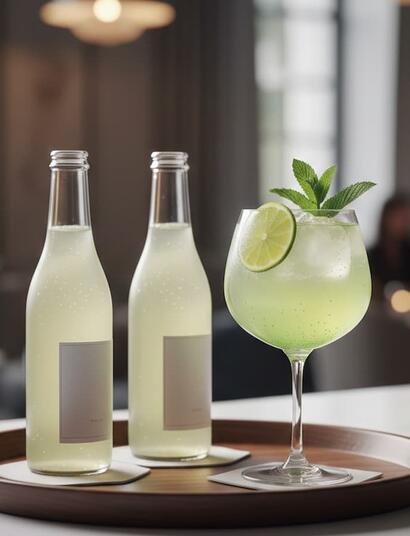 Two sleek, unbranded glass bottles of sparkling light-green beverage and a sophisticated cocktail glass garnished with a lime wheel and mint, displayed on a wooden tray in an upscale, dimly lit lounge.