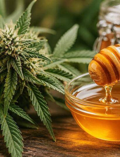Close-up of cannabis flower next to a glass bowl of golden honey with a wooden dipper dripping honey in warm natural light