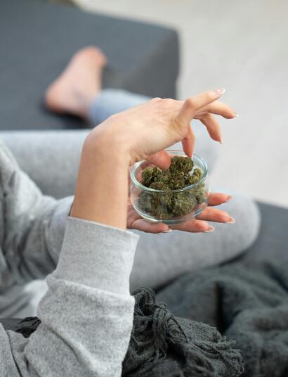 Persona viendo series cannábicas en casa con un porro