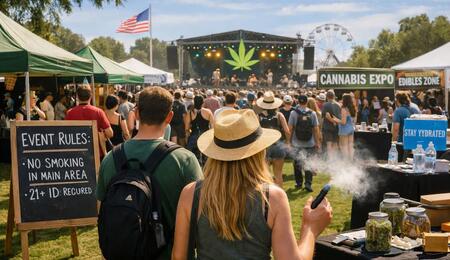 Wide view of an outdoor cannabis festival in the U.S., with a crowd facing a live music stage, vendor tents labeled “Cannabis Expo” and “Edibles Zone,” visible event rules signage, and attendees enjoying the sunny day.