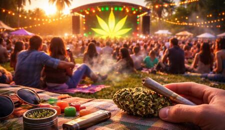 A large outdoor 4/20 celebration at sunset, with a crowd gathered around a festival stage featuring a glowing cannabis leaf, while a person in the foreground holds a cannabis bud and a rolled joint on a picnic blanket with accessories.