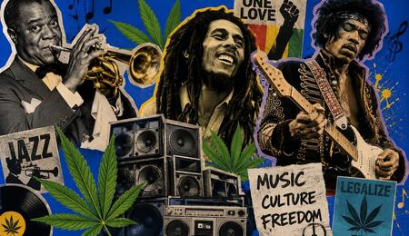 Collage-style artwork featuring Louis Armstrong, Bob Marley, and Jimi Hendrix alongside musical instruments, speakers, and cannabis leaves on a blue background, illustrating the influence of musicians on modern cannabis culture. 