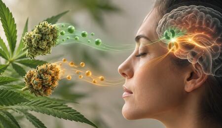 ilustración de mujer oliendo flores de cannabis 