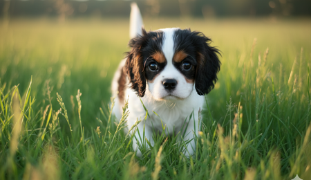 small black and white dog walking on the grass
