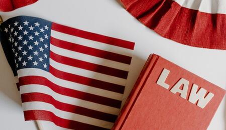 US Law book and flag