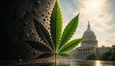 A cannabis leaf stands at the center of a dramatic split scene, with one side dark and crumbling and the other bright and illuminated, with the U.S. Capitol in the background, symbolizing transition and regulatory change.