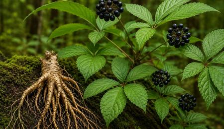 A photo depicting the fruits and roots of the Asian native Siberian ginseng plant