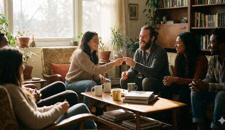 Grupo de amigos sentados en un salón compartiendo un porro de forma sociable y relajada.