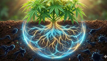 Ilustración conceptual de una planta de cannabis con sus raíces iluminadas formando un escudo de energía esférico bajo tierra, protegiendo el sistema radicular de patógenos. Representación visual de la Resistencia Sistémica Adquirida (SAR).