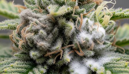 Cogollo de marihuana infectado con botritis y oidio en fase avanzada