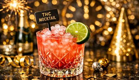 A sophisticated, high-end "THC Mocktail" Sophisticated THC mocktail for Cali Sober New Year 2025/26 in a crystal glass with a lime garnish, set against a blurred background of New Year’s Eve decorations.