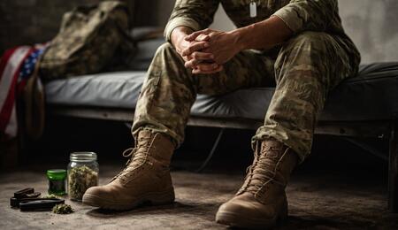 A seated soldier in military uniform viewed from the waist down, hands clasped and posture tense, with combat boots visible and cannabis products placed nearby, symbolizing medical marijuana use for PTSD symptom management.