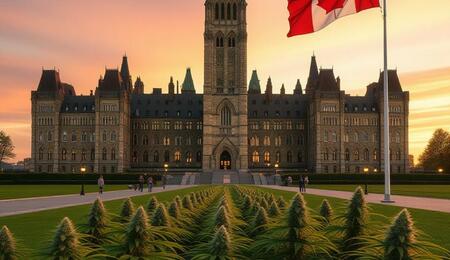 Parlamento de Canadá con bandera y hoja de cannabis simbolizando la legalización y el avance social hacia la regulación del cannabis recreativo