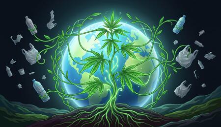 ilustración de planta de marihuana y mundo con plástico 