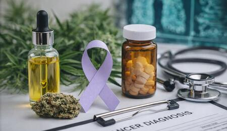Image showing a bottle of cannabis oil alongside cancer awareness symbols, including a ribbon and medical items such as a stethoscope and prescription container, representing the intersection of cannabis, cancer care, and health research.