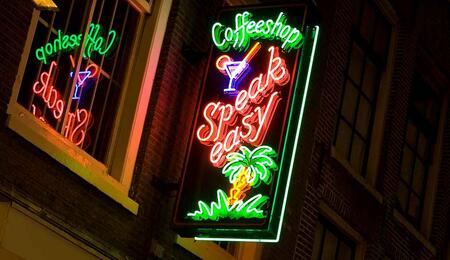 neon sign of a cannabis coffeeshop in Amsterdam.
