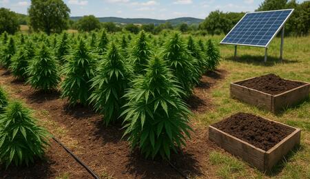 Cultivo de cannabis sostenible al aire libre con prácticas ecológicas, energía renovable y bajo impacto ambiental