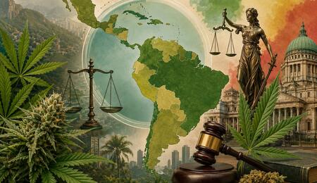 Collage illustration depicting cannabis legalization in Latin America, featuring a regional map, cannabis leaves and buds, legal justice symbols, government buildings, and tropical scenery.