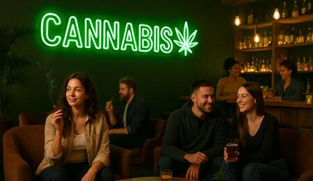 A group of adults relaxes in a modern cannabis lounge, sitting on comfortable sofas in a warmly lit space with plants and cannabis artwork, while enjoying cannabis in a calm, social setting.