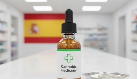 Aceite de cannabis medicinal sobre mesa de farmacia 