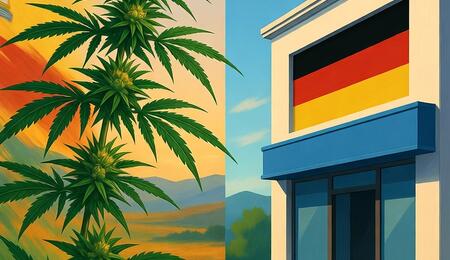 Ilustración que representa el éxito de la exportación de cannabis medicinal de la empresa española Ondara (Soria) al mercado farmacéutico alemán, simbolizando el viaje del producto de España a las farmacias de Alemania.