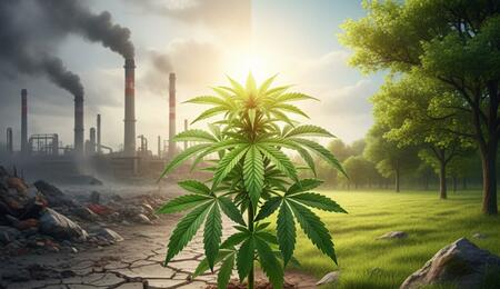 Planta de cannabis en un suelo seco, simbolizando su poder para sanar y restaurar el medio ambiente.