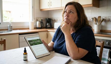 Mujer en su hogar informándose a través de una tablet sobre cómo el cannabis y el CBD pueden ayudar a quemar grasa corporal y mejorar el metabolismo según estudios científicos recientes.