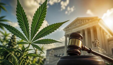 Close-up of a cannabis leaf beside a judge’s gavel with a courthouse in the background, symbolizing changes in US marijuana law.