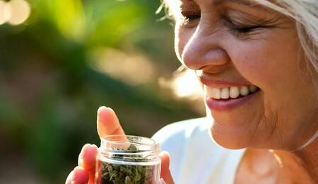 Adulto mayor usando cannabis medicinal en entorno natural y tranquilo
