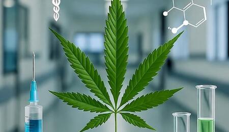Representación científica del cannabis medicinal mostrando el sistema endocannabinoide y avances en seguridad y genética terapéutica.