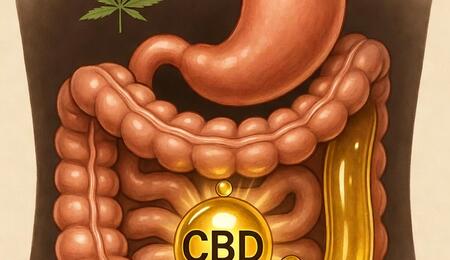 : Ilustración científica mostrando cómo el CBD se une a grasas saludables (aguacate, nueces) para formar quilomicrones, que sortean el hígado a través del sistema linfático, aumentando la absorción oral