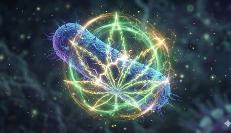 Representación artística de una bacteria siendo neutralizada por el poder antimicrobiano del CBD, simbolizado por una hoja de cannabis brillante y estructuras químicas, basado en el estudio de Nature 2021.