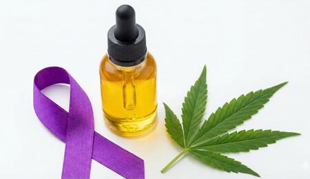 Frasco de aceite de CBD medicinal con el lazo púrpura símbolo de la lucha contra la epilepsia y una hoja de cannabis sobre fondo blanco.